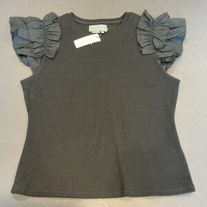 Anthropologie Black Ribbed Ruffle Sleeve Top Size M NWT